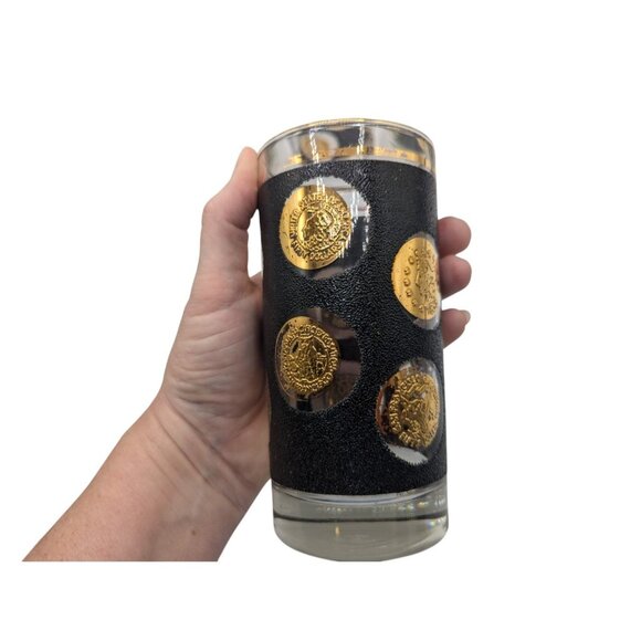 Vtg Libby Black & Gold Roman Coin Pattern Glasses Set Of 8 - Picture 9 of 10